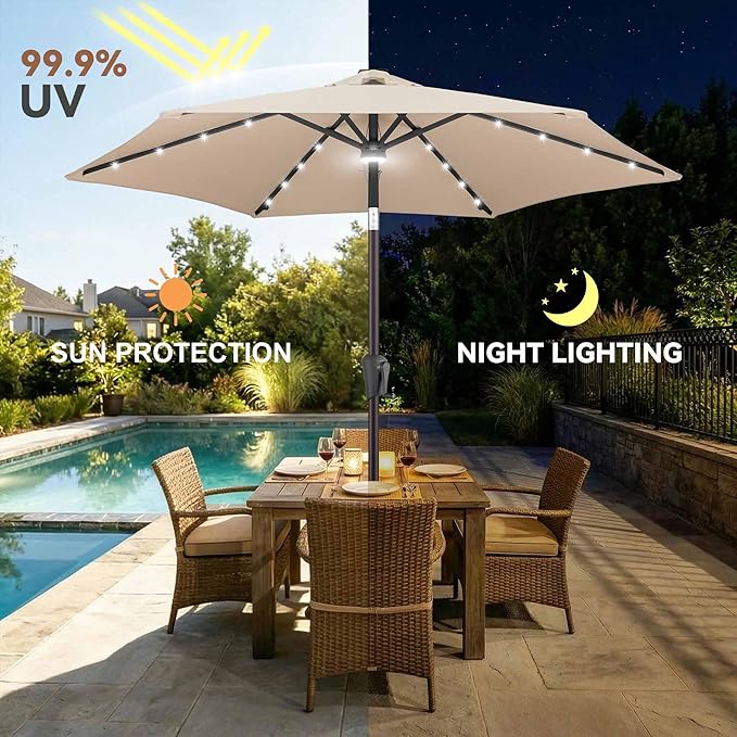 Jarka&Co 7.5ft Solar Patio Umbrella - Lighted Solar Outdoor Umbrella with 24 LED Lights Waterprool UV Protection, Market Table Umbrella with Tilt for Backyard, Garden, Pool, Porch (Beige)
