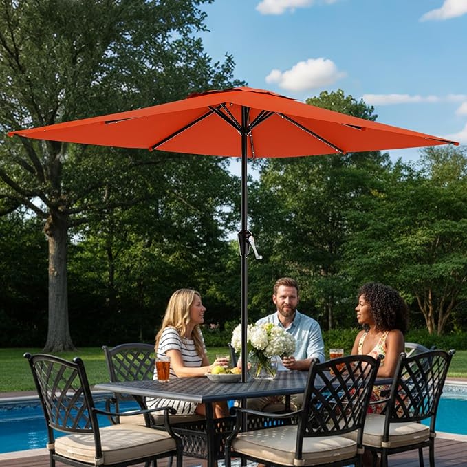 AreShark 8' X 10' Rectangular Patio Umbrella with Solar Lights, Lighted Solar Umbrella with Crank, Outdoor Table Umbrella for Garden, Deck, Backyard, Pool and Beach, Orange