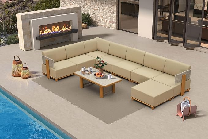 PURPLE LEAF Patio Furniture Set Modular U-Shaped Outdoor Sectional Sofa with 11" Thick Cushion 9-Piece Outdoor Conversation Set w/Ottoman & Coffee Lights for Backyard Poolside Table Included, Beige