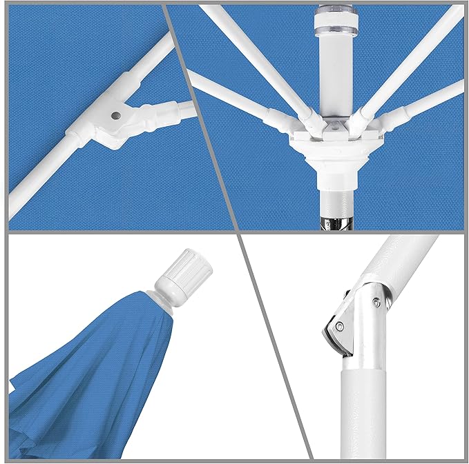 California Umbrella 9' Round Aluminum Pole Fiberglass Rib Patio Umbrella, Crank Lift, Collar Tilt, White Finish, Frost Blue Olefin