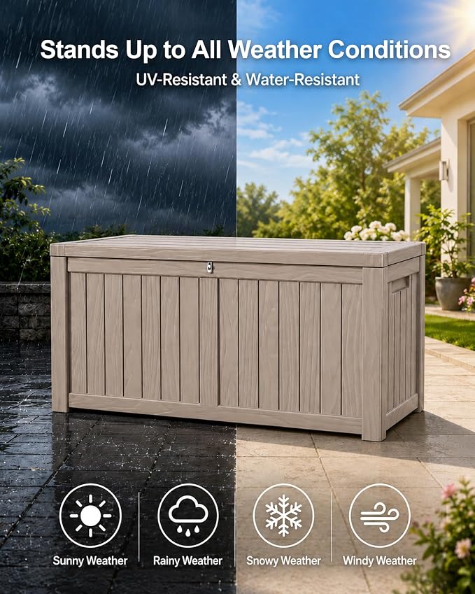 MAKINO 155 Gallon Waterproof Outdoor Storage Box, Large Lockable Deck Box, Indoor Outdoor Resin Storage Bench with Hydraulic Rod for Patio/Cushions/Garden Tools/Backyard/Pool Accessories, Grey Brown