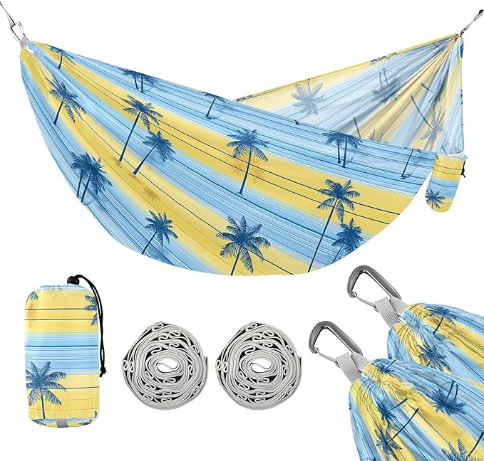 Camping Hammock Outdoor Hammocks for Outside Blue Stripe Palm Tree Beach Trees Portable Lightweight with Pockets Tree Straps Indoor
