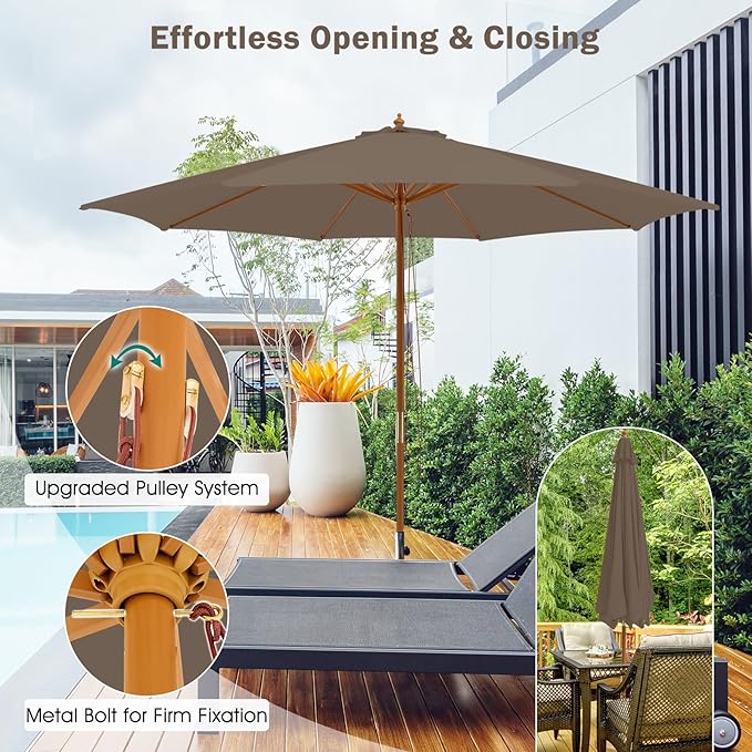Giantex 10FT Patio Umbrella, Outdoor Table Market Umbrella with 8 Bamboo Ribs, Pulley Lift and Ventilation Hole, Outdoor Sunshade Umbrella for Poolside Backyard Beach