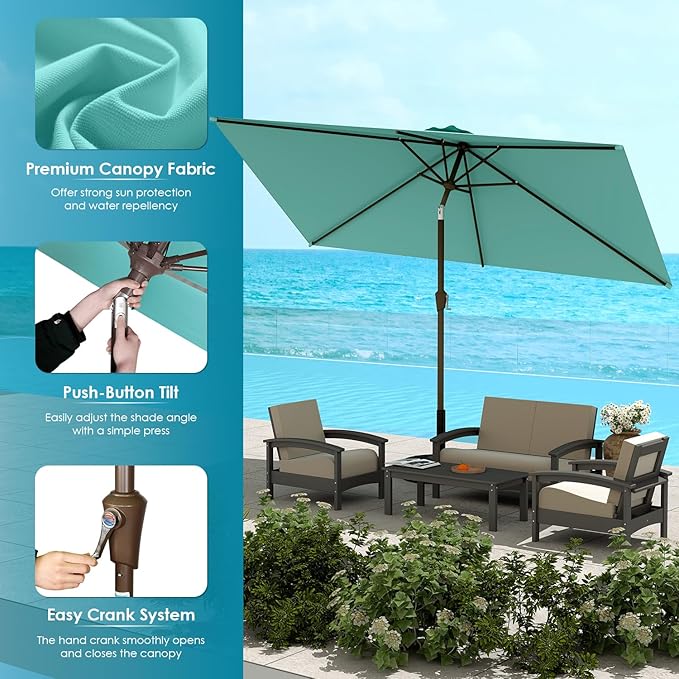 GREENVINES 6.5X10 FT Rectangular-Patio-Umbrella | Outdoor-Table-Umbrellas | 6 Sturdy Steel Ribs | Push Button Tilt & Crank | Waterproof | Market Umbrella | for Pool Backyard Garden | Peacock Blue