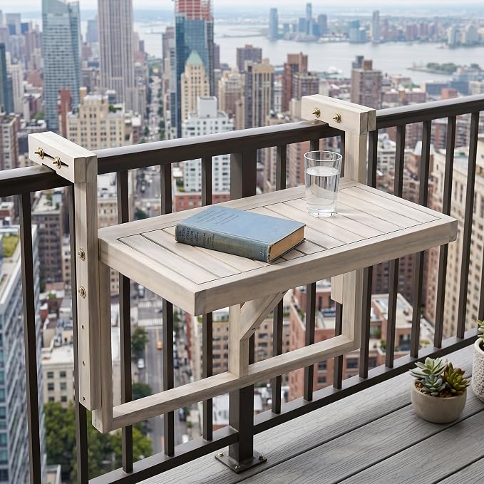 Acacia Wood Balcony Hanging Table – Stable Fixed Outdoor Railing Table – Weather-Resistant White Finish – Adjustable Mounting for Small Balcony, Patio, and Porch