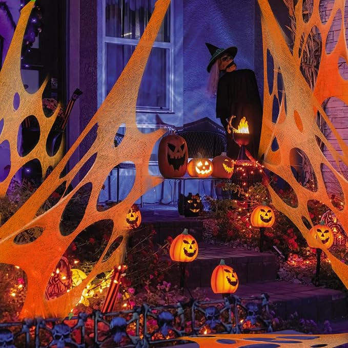 Glow in the dark Purple 1000 Sqft Uncut Giant Spider Web Halloween Decorations Outdoor with 1 Black Light &10 Ground Nails Stretchy Beef Cloth Netting DIY Flexible Elastic for Yard Party Decor