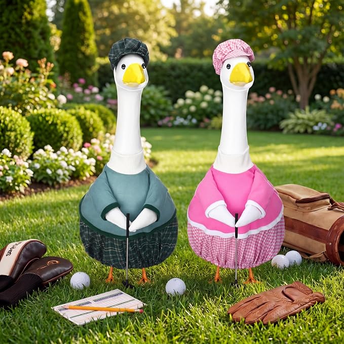 Abbylike 2 Set Golfer Porch Goose Outfit Teeing Off Golfer Goose Costume Clothes Fit 23" Lawn Geese Statue with Golf Clubs and Pins for Outdoor Yard Garden Patio Statue Art Decor