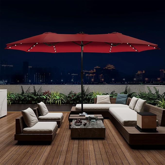 15 ft Patio Umbrella with 48 LED Lights, Large Rectangle Outdoor Solar Umbrella with Matching Base, Strap, Crank, Red