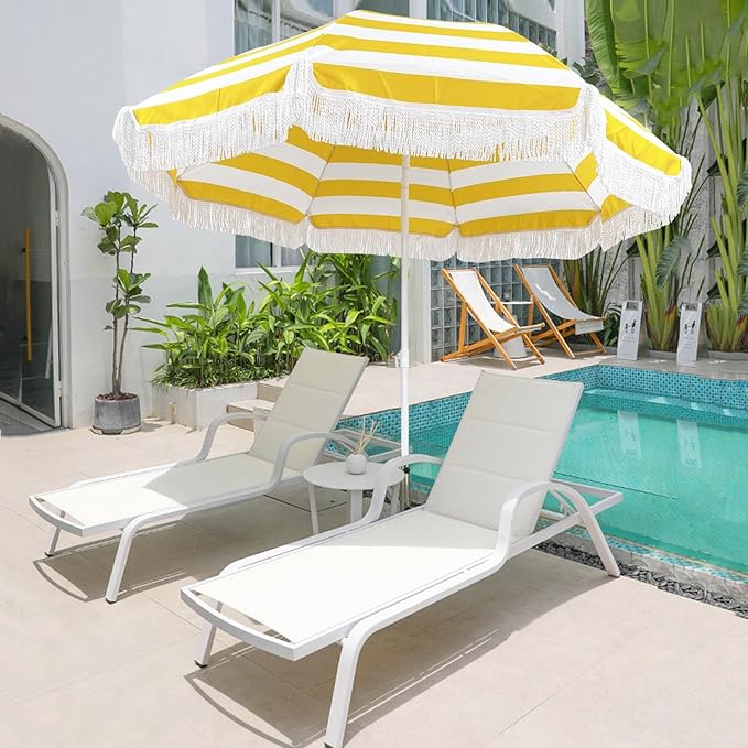 Outdoor Patio Umbrella With Fringe - Holiday Beach Yellow And White Striped Portable Tassel 5.9ft Table UV50+ Protection Sun Shade Garden Waterproof/8 Ribs