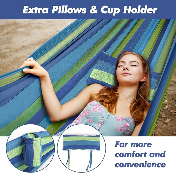 ONCLOUD 550 LB Capacity Double Hammock with Stand – Portable Bag Included (Blue Green Stripe)