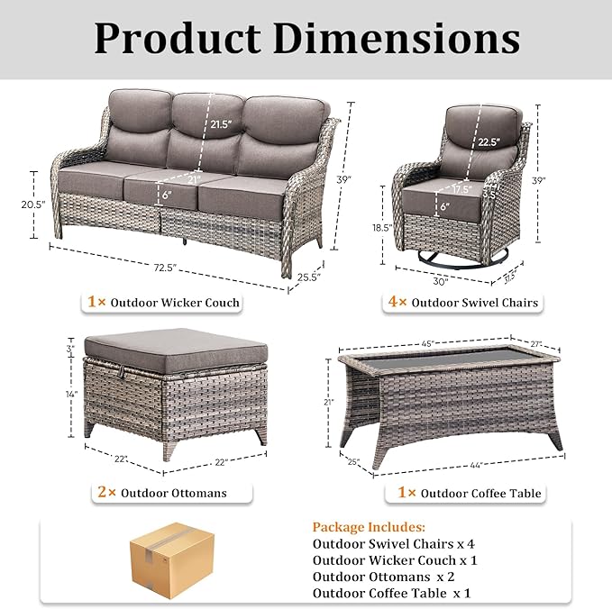 Luxury High Back Patio Furniture Set with 6-Inch Thick Cushions, 8-Pieces Outdoor Furniture with Swivel Chairs, Wicker Conversation Set for Porch, Balcony, Deck and Yard, Grey