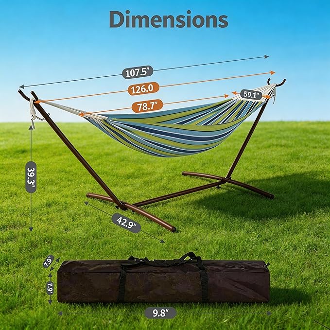 2 Person Portable Double Hammock with Stand, Outdoor Quilted Polyester Padded Hammock with Pillow, Adjustable Steel Hammock Stand for Patio, Garden, Beach, Backyard, Camping