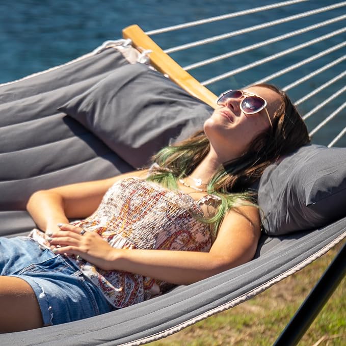 55in Hammock with Stand, Heavy Duty Hammock with Stand Included, Two Person Hammock with Curved Spreader Bar, Pillow and Portable Bag, 450 Lbs Capacity, Dark Gray