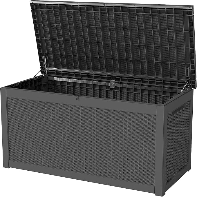 260 Gallon Patio Storage Box, Outdoor Resin Deck Box with Hydraulic Lid, Lockable & Waterproof for Garden Tools, Furniture Cushions, UV Resistant Outside Storage, Black