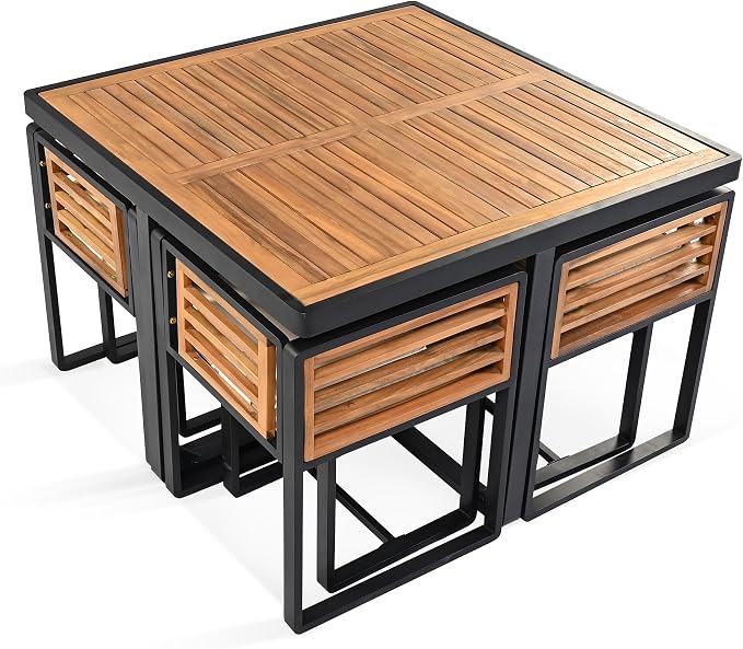 9-Piece Outdoor Patio Acacia Wood Dining Table Set, Square Table with 4 Cushioned Chairs& 4 Stools, All-Weather Resistant Conversation Set with Metal Frame, Space-Saving Design for 8 (Beige-1.8)