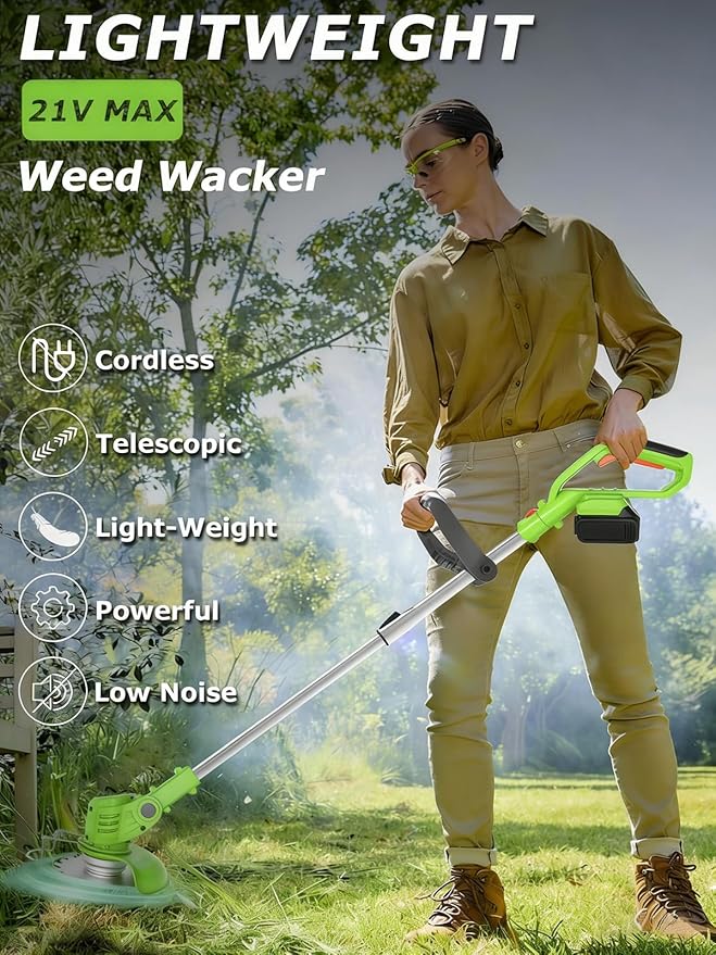 Electric Weed Wacker Battery Powered,20V Lightweight Cordless Weed Trimmer Eater with 2 Battery and Charger,3 in 1 Grass Trimmer/Brush Cutter/Lawn Edger with 26 Blade for Yard,Garden