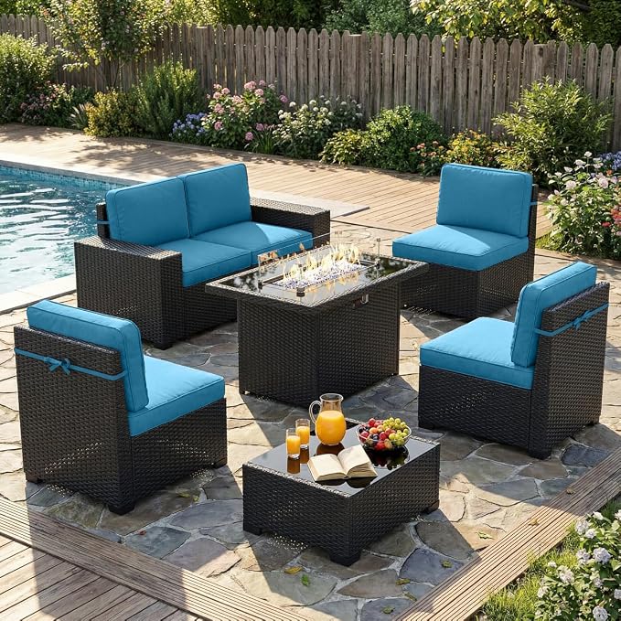 LayinSun 7 Pieces Outdoor Patio Furniture Set with 44" Fire Pit Table Rattan Sectional Sofa Conversation Sets