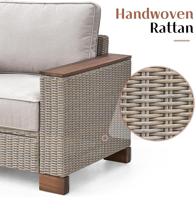 5-Piece Patio Furniture Sets, Wicker Sofa Set with 5.9" Wider Solid Wood Armrest, Outdoor Conversation Set with Wood Legs, Patio Sectional Set for Backyards, Porch, Poolside, Garden