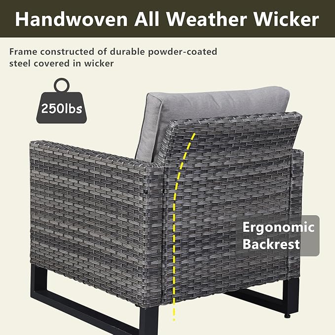 Rilyson Wicker Outdoor Patio Furniture Set - 5 Piece Patio Conversation Set with 2 Wicker Armrest Chairs,2 Rattan Ottoman and 1 Couch for Outside Porch Deck Backyard Garden(Mixed Grey/Grey)