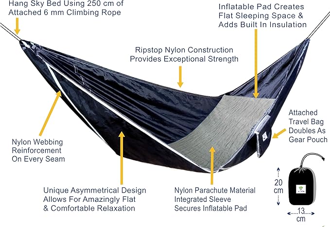 Hammock Bliss Sky Bed - Hangs Like A Hammock, Sleeps Like A Bed - Asymmetrical Design Hammock Tent with Integrated Inflatable Pad Sleeve for a Lay Flat & Insulated Camping Hammock Sleeping Experience
