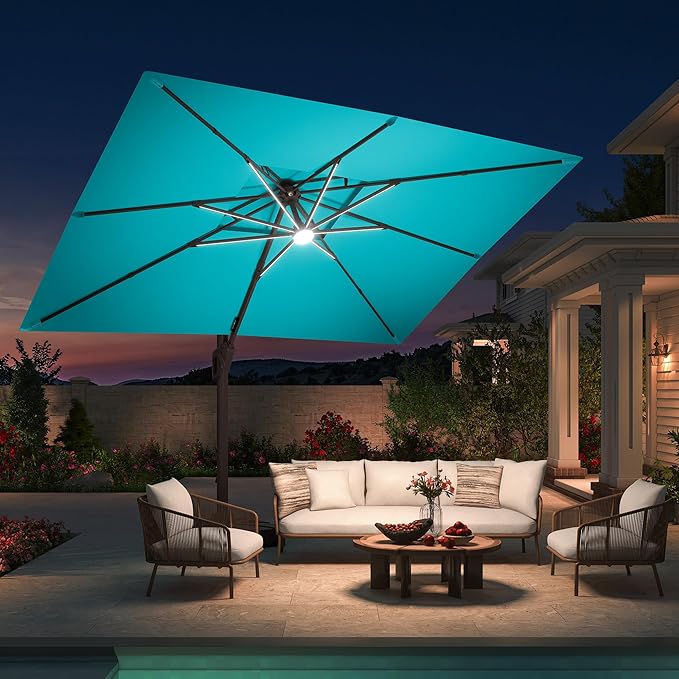 10 X 13 FT Cantilever Patio Umbrella with Base Included & Led Lights Outdoor Rectangle Offset Large Double Top Heavy Duty Umbrellas 360°Rotation for Pool Deck Backyard, Turquoise Green