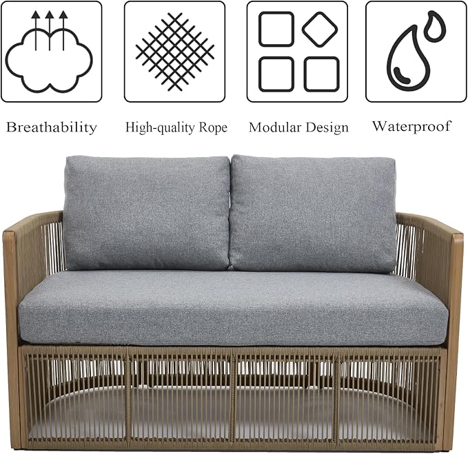 2-Seater Rope Sofa Set with Table, Outdoor Loveseat Patio Rope Chairs Set of 2, Rope Patio Furniture Set, Outdoor Deck Chair with Cushions, Aluminum Outdoor Sofa Sets in All Weather, Grey