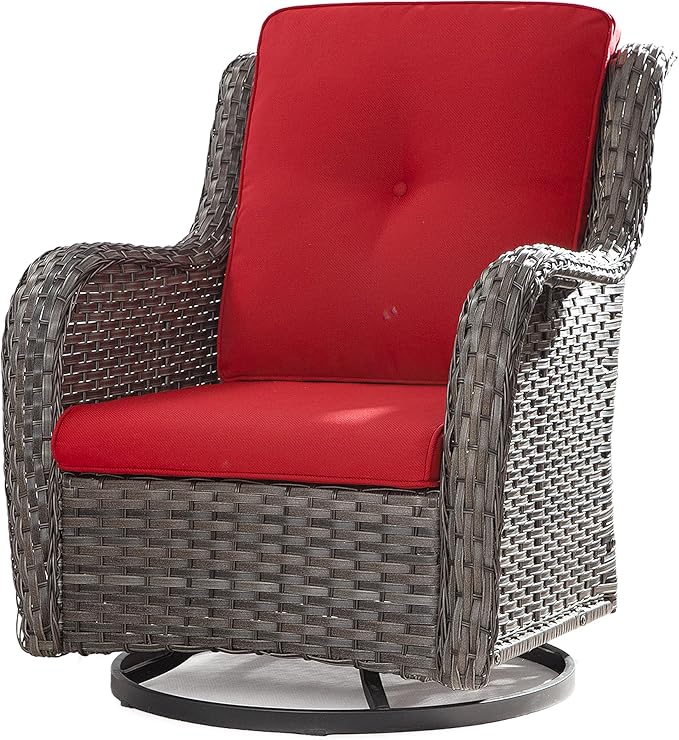 Outdoor Swivel Rocker Wicker Chair, High Back Swivel Patio Chair with OIefin Cushions (Mixed Grey/Red)
