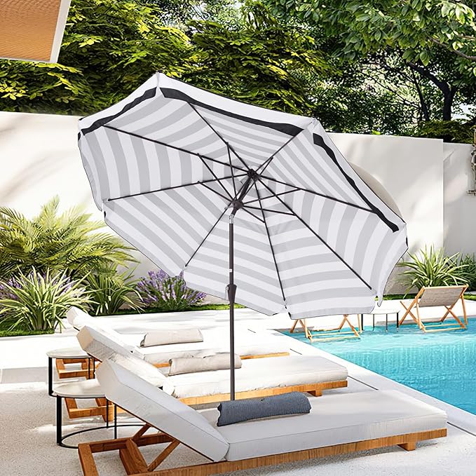 JEAREY 9 FT Patio Umbrella Outdoor, Table Umbrellas Market Umbrella w/Push Button Tilt/Crank, 8 Sturdy Ribs(Black White Striped)