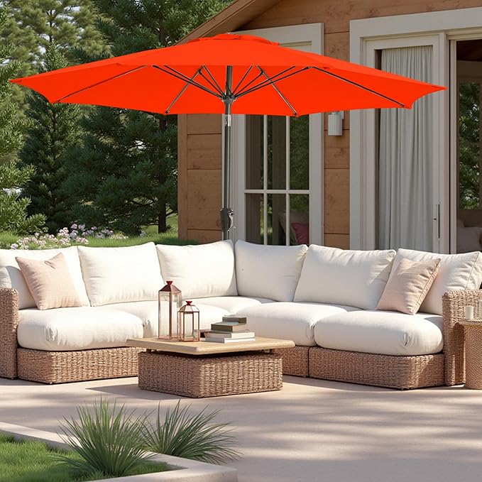 9FT Large Outdoor Patio Umbrella Pool Market Umbrella-UV Resistant, Easy Push Button Tilt and Crank, 8 Sturdy Ribs Heavy-Duty Table Umbrella for Deck, Backyard, Garden(Orange)