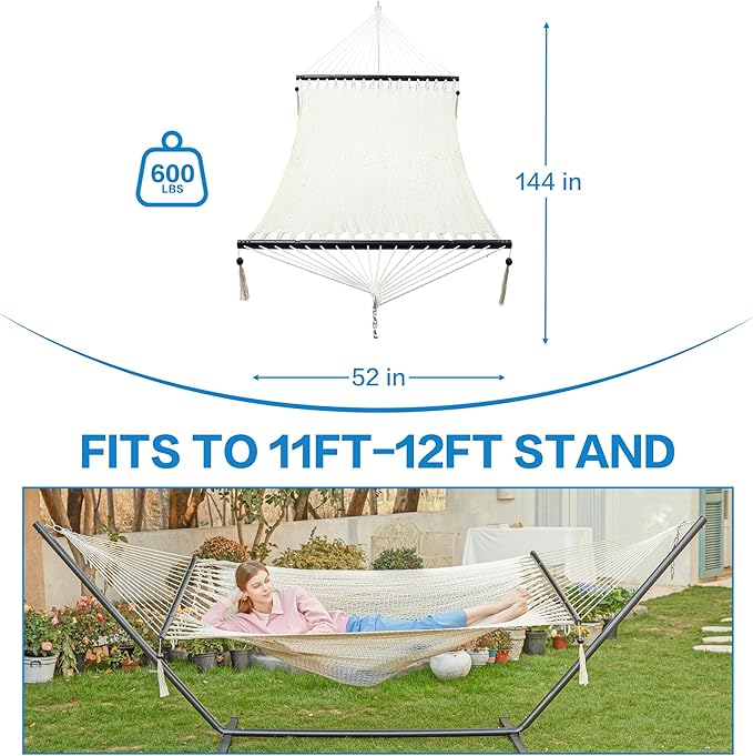 PNAEUT 2 Person Rope Hammocks for Outside, Handwoven Double Caribbean Hammock with Spreader Bar for Outdoor Indoor, Max 600 lbs Capacity (Cream)