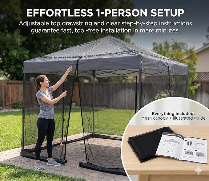 Mosquito Netting for Patio Umbrella 10x10 Ft Canopy Screen, Weather-Resistant 75D Polyester Mesh with TPU Water Pipe Base, Double Zipper Door for Backyard Dining, Black