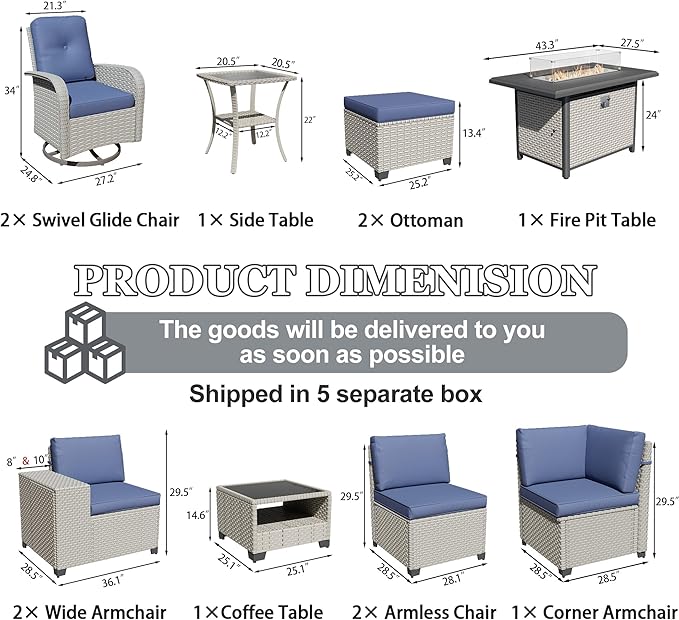 12-Piece Outdoor Patio Furniture Set with Fire Pit, Modular Sectional Sofa Set with Swivel Rocker Chairs & Ottomans, Wicker Outdoor Couch Conversation Sets w/Coffee Table and Cushions, Blue