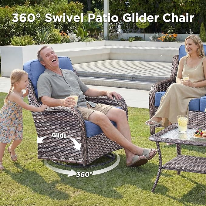 Luxury Patio Furniture Set with Fire Pit Table-4 Pieces High Back Wicker Swivel Rocker Chairs with 6" Extra Thick Cushions, Outdoor Patio Conversation Sets for Garden Deck(Brown/Blue)