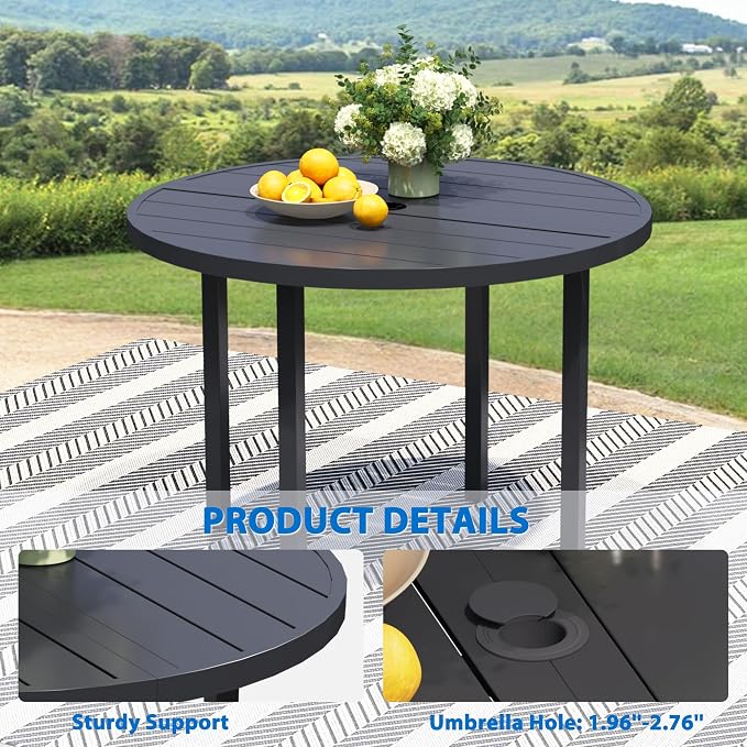 9-Piece Patio Furniture Set, Black Round Patio Table and Blue Chairs Set of 8, Outdoor Dining Set with Umbrella Hole for Garden, Yard, Patio