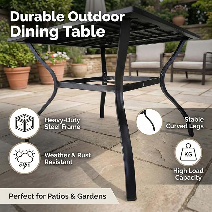 Majnesvon 37" Outdoor Dining Table, Square Patio Table with Umbrella Hole, Metal Steel Slat Outdoor Table, All-Weather Steel Patio Dining Table, for Lawn, Garden, Backyard, Bistro, Black