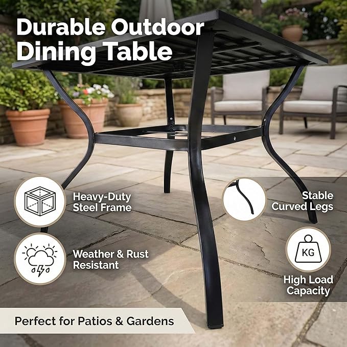 Square Metal Steel Slat Patio Dining Table for 4 Persons, Outdoor Bistro Table with Umbrella Hole, Rust-Resistant Finish for Backyard Garden