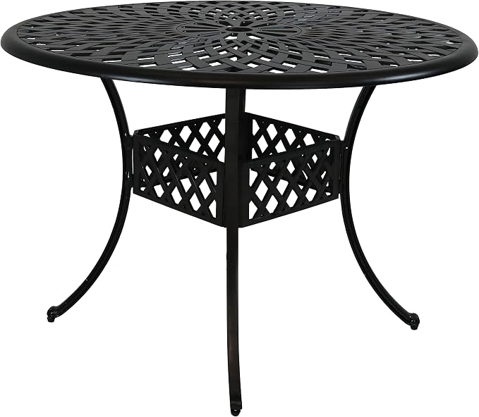 Sunnydaze Decorative Crossweave Cast Aluminum Patio Dining Table with Umbrella Hole - 41-Inch Diameter