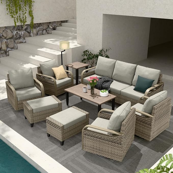 COOS BAY Modern Wicker Outdoor Furniture Set, 9 Piece Patio Conversation Set with 4 Swivel Rockers, a 3 Seat Couch, 2 Ottomans, Coffee Table & Side Table, 9 Piece, Brown/Gray