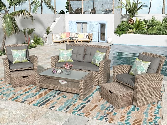 Outdoor Patio Furniture Boho, Outdoor Patio Chairs Modern Gray Patio Conversation Sets 4 Chairs Rattan with Ottoman and Cushions