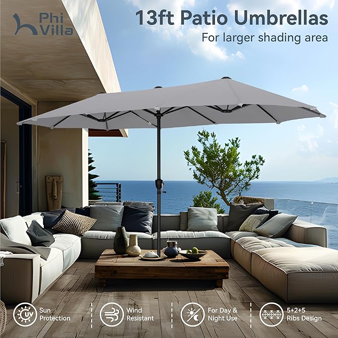 PHI VILLA 13ft Large Patio Umbrellas, Double-Sided Outdoor Market Rectangle Umbrella for Outside, Light Gray
