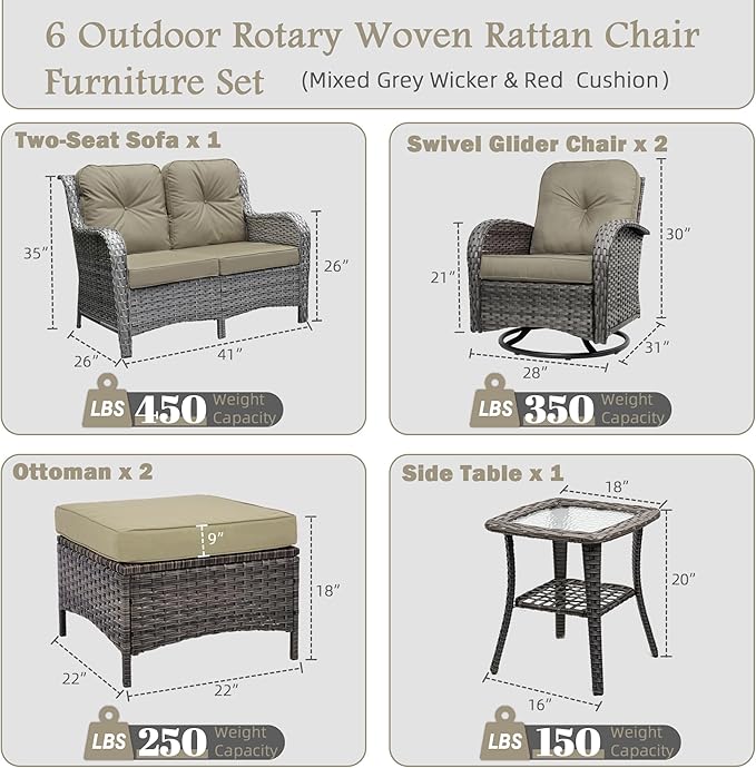 6-Piece Outdoor Patio Conversation Set, All Weather Wicker Rattan Conversation Set with Ottomans, Outdoor Swivel Rocking Chair with Coffee Table for Patio, Porch,Beige