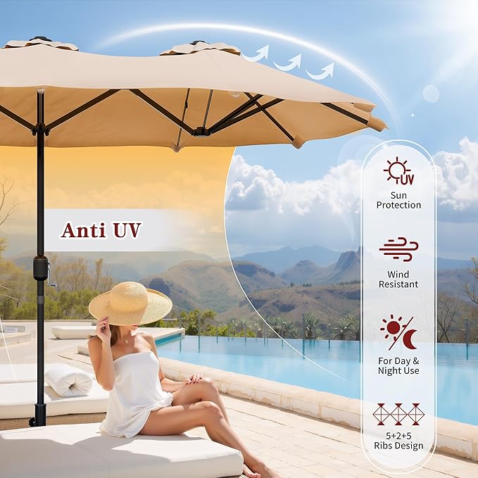 Vongrasig 13FT Large Patio Umbrellas with Base Included, Outdoor Double sided Pool Umbrellas with Crank Handle, Large Rectangle Table Umbrella for Poolside Backyard Market, Khaki