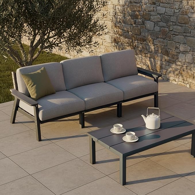 Patio Furniture Set 3 Seats, HDPE Outdoor Sectional with Washable Gray Thick Cushions, Coffee Table & Side Table, Patio Conversation Sets for Lawn, Garden, Porch, Balcony (Grey Frame)