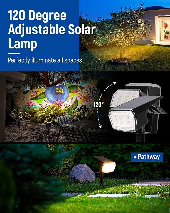 Solar Spot Lights Outdoor Waterproof, Solar Spotlights, 4 Packs, Warm White | 63 LED, 3 Lighting Modes, 120° Adjustable Solar Landscape Lights for Yard, Garden, House, Garage, Pathway