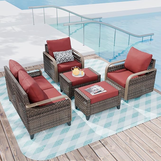 COOS BAY Modern Wicker Outdoor Furniture Set, 5 Piece Patio Conversation Set with 2 Swivel Rockers, a 3 Seat Couch and 2 Ottomans, 5 Piece, Brown/Red