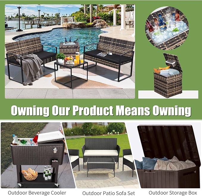 FHFO 5 Piece Outdoor Patio Furniture Set with 28”Gas Fire Pit Table & Ice Bucket Storage Box, Outdoor Wicker Rattan Patio Conversation Set for Outside, Poolside, Balcony, Porch, Yellow-Black
