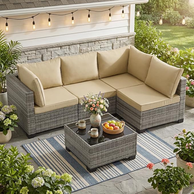 ANJ 5 Piece Outdoor Wicker Patio Furniture Set, Modular Loveseat Sofa with with Glass Top Coffee Table, All-Weather Rattan Conversation Couch Set for Balcony, Backyard, Light Grey Wicker-Camel