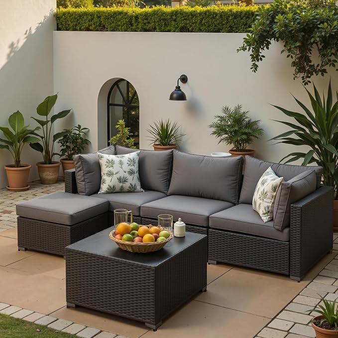 Patio Furniture Set, 5PCS Outdoor Sectional with Ottoman Wicker Rattan Patio Furniture with Thickened Cushion Modular Wicker Patio Conversation Set with Glass Top Table for Balcony, Backyard (Grey)