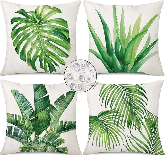 Outdoor Throw Pillow Covers 18x18 Set of 4 Waterproof Summer Tropical Leaves Pillow Covers Palm Monstera Leaf Decorative Cushion Case for Patio Furniture Garden Couch