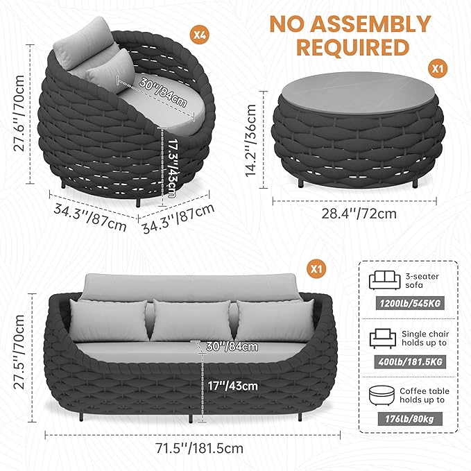 Aluminum Woven Rope Patio Furniture Set: 6 Pieces Assembled Outdoor Conversation Sofa Set for 7 - Modern Metal Couch Set Cushioned - All Weather Porch Seating for Deck Garden Lanai Hotel Resort